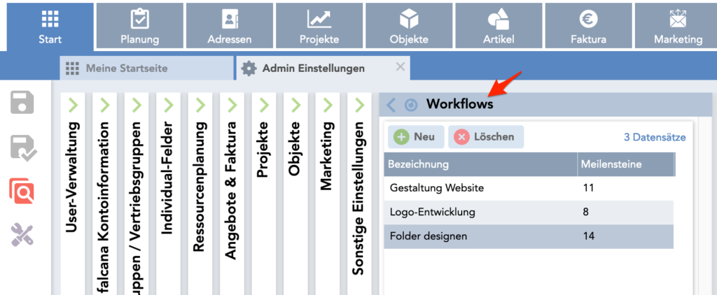 Screenshot des falcana Admin-Bereichs mit dem geöffneten Panel "Workflows"
