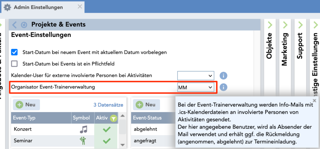 Screenshot aus den Admin-Event-Einstellungen zum Festlegen des Organisators der Event-Trainerverwaltung